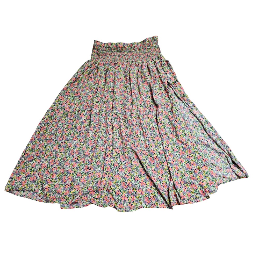 Natural Life Floral Smocked Waist Tiered Maxi Skirt XL Pink Yellow Boho